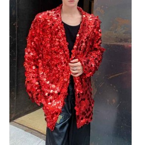 Men's sequins jazz dance coat youth gold red black silver glitter rapper singers gogo dancers dancing blazer nightclub dj ds performance jackets